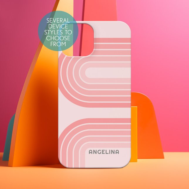 Blush Pink Mod Retro Striped Pattern Custom Name iPhone 15 Case (Personalized Phone Case - Choose Your Device and Customize the Design)