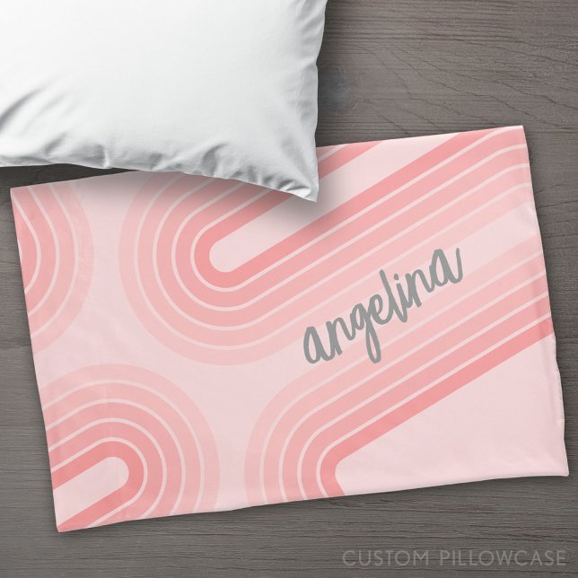 Blush Pink Mod Retro Striped Pattern Custom Name Pillow Case (Custom Pillowcase)