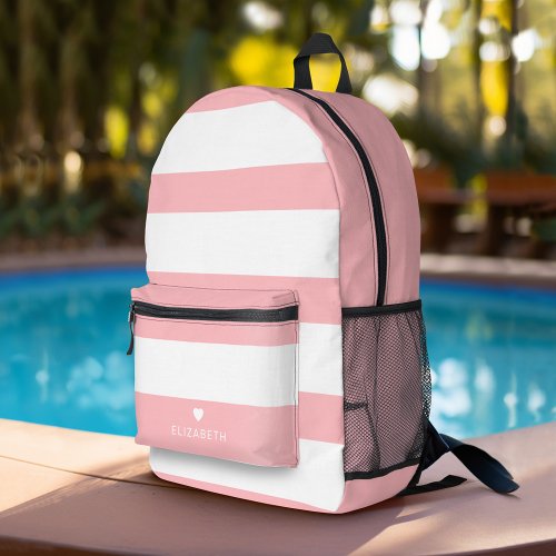 Blush Pink Mod Retro Striped Pattern Custom Name Printed Backpack