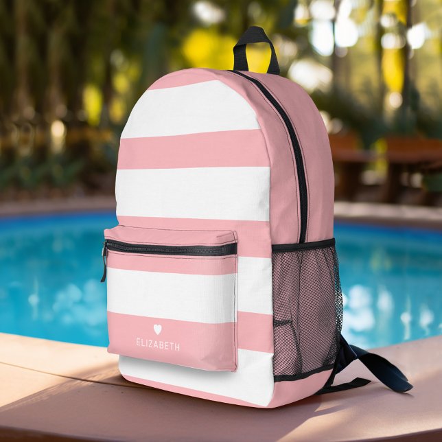 Blush Pink Mod Retro Striped Pattern Custom Name Printed Backpack (Personalized Backpack with  Custom Name)