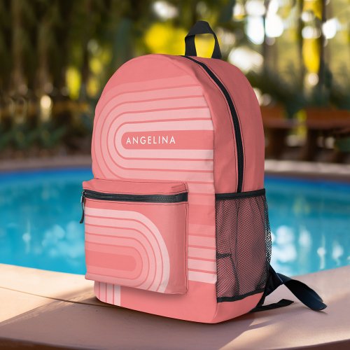 Blush Pink Mod Retro Striped Pattern Custom Name Printed Backpack