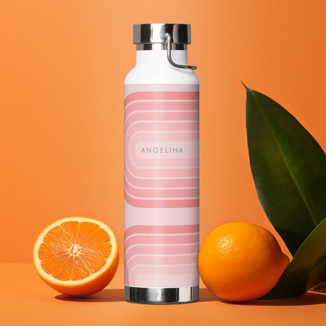Blush Pink Mod Retro Striped Pattern Custom Name Water Bottle (Creator Uploaded)