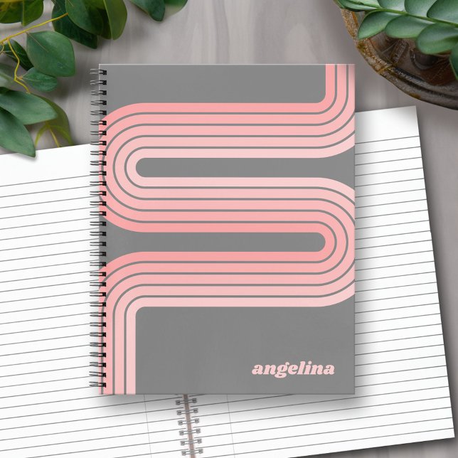 Blush Pink Mod Striped Pattern Custom Name Notebook (Personalized Notebook with Custom Text)