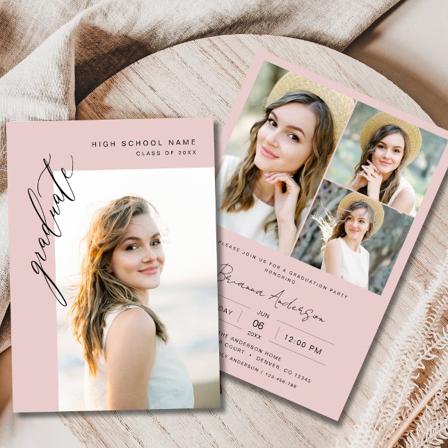 Blush Pink Modern 2 Photo Graduation Party Invitation (Creator Uploaded)