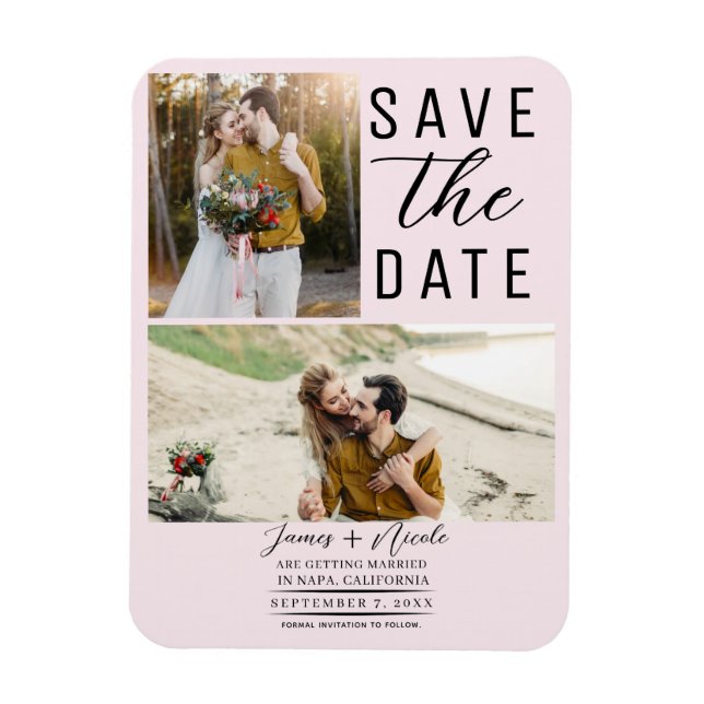 Blush Pink Modern 2 Photos Save the Date Wedding Magnet (Vertical)