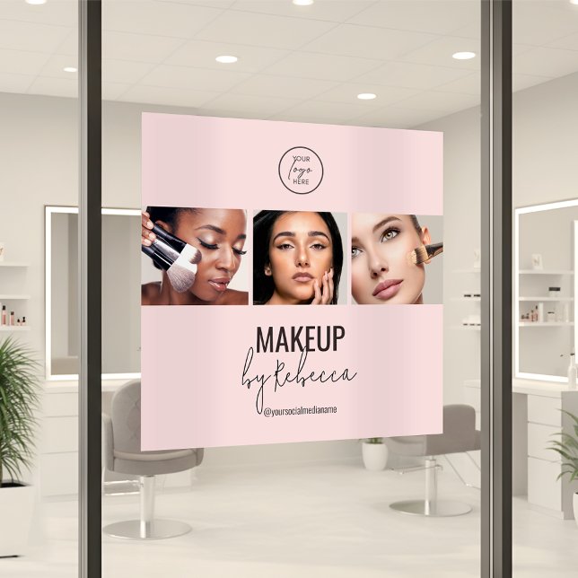 Blush Pink Modern 3 Photo Makeup Studio Logo Window Cling (Modern blush pink makeup artist window cling sign with space for 3 photos and your logo)