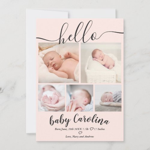 blush pink modern 5 grid photo baby girl birth announcement