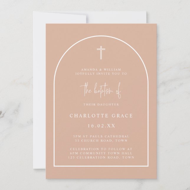 Blush Pink Modern Arch Script Minimalist Baptism Invitation (Front)