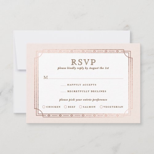 Blush Pink Modern Art Deco Rose Gold Foil Wedding RSVP Card