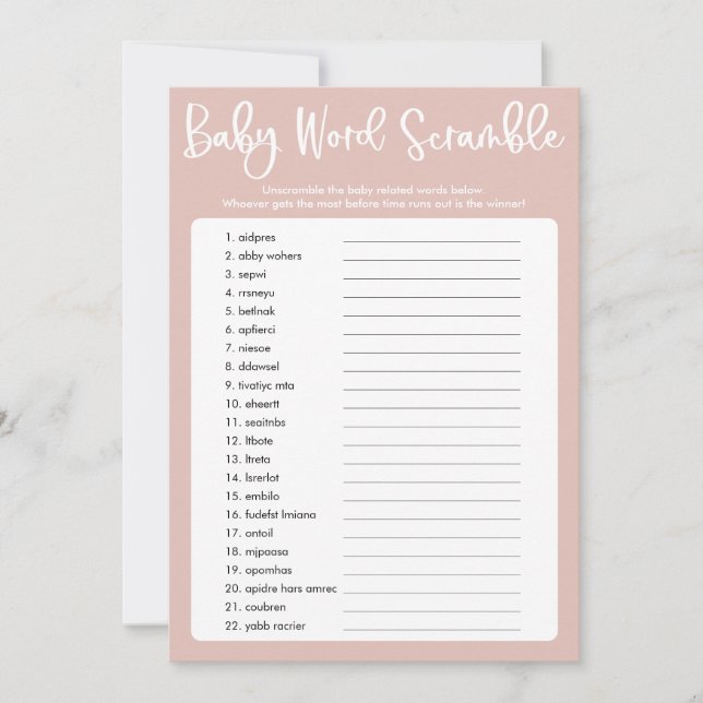 Blush pink modern baby shower word scramble game invitation (Front)
