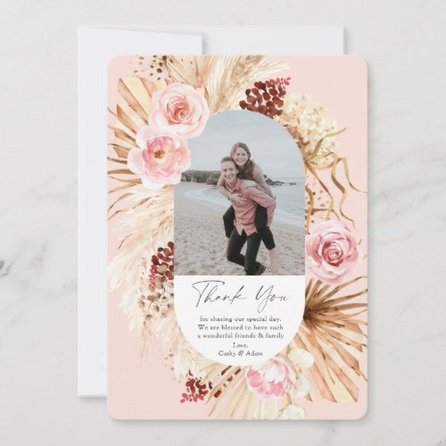 Blush Pink Modern Boho Pampas Grass Floral Photo  Thank You Card