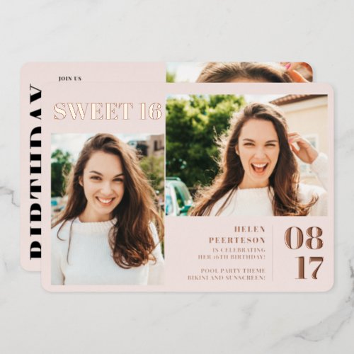 Blush pink modern bold 3 photos Sweet 16 Foil Invitation - Modern simple minimalist modern 3 photos Sweet 16 birthday party. Add your photos, with a simple bold script, pastel blush pink.