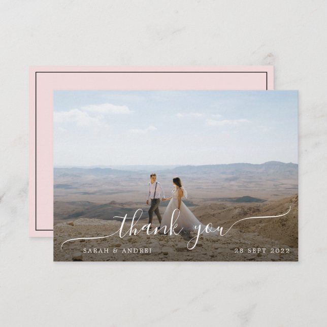 Blush Pink Modern Border Photo Script Wedding Thank You Card (Front/Back)