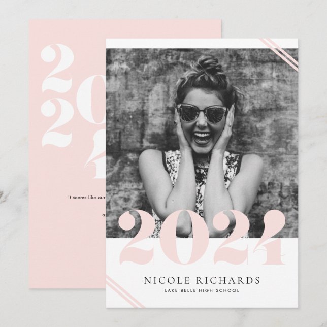 Blush Pink Modern Class of 2024 Photo Graduation Invitation (Front/Back)