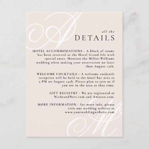 Blush Pink Modern Edge Elegant Monogram Details Enclosure Card