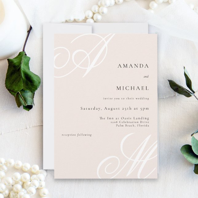 Blush Pink Modern Elegant Minimal Monogram Wedding Invitation (Soft and feline, this simple minimalist wedding invitation has the bride and groom's monograms.)