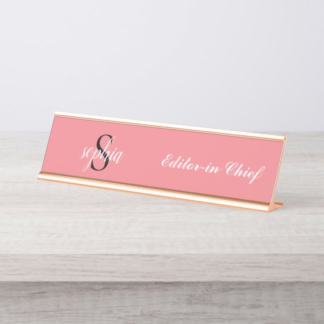 Blush Pink Modern Elegant Monogram Name Script Desk Name Plate (Front)
