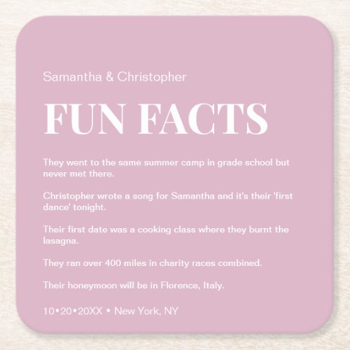 Blush Pink Modern fun fact list Wedding Custom Square Paper Coaster