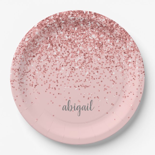Blush Pink Modern Glitter Monogram Name Paper Plates (Front)