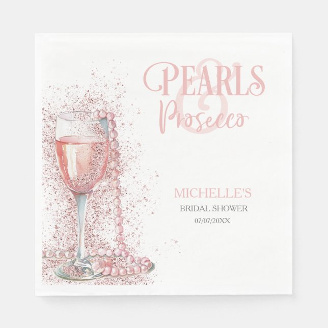 Blush Pink Modern Glitter Pearls and Prosecco Napkins (Front)