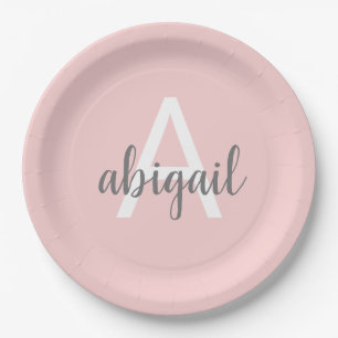 Blush Pink Modern Gray Cute Monogram Paper Plates