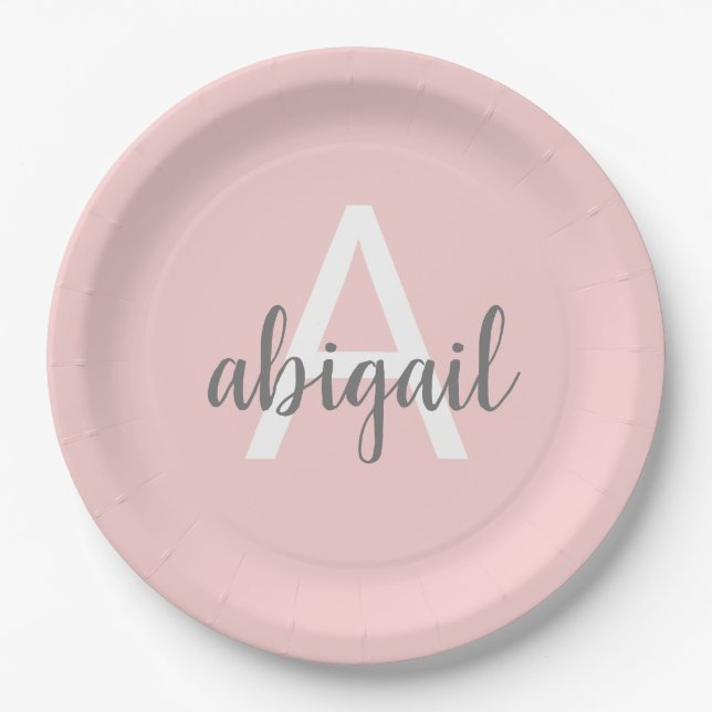Blush Pink Modern Gray Cute Monogram Paper Plates (Front)