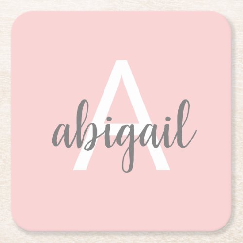 Blush Pink Modern Gray Girly Monogram Party Square Paper Coaster