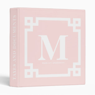 Blush Pink Modern Greek Key Border Monogram Binder