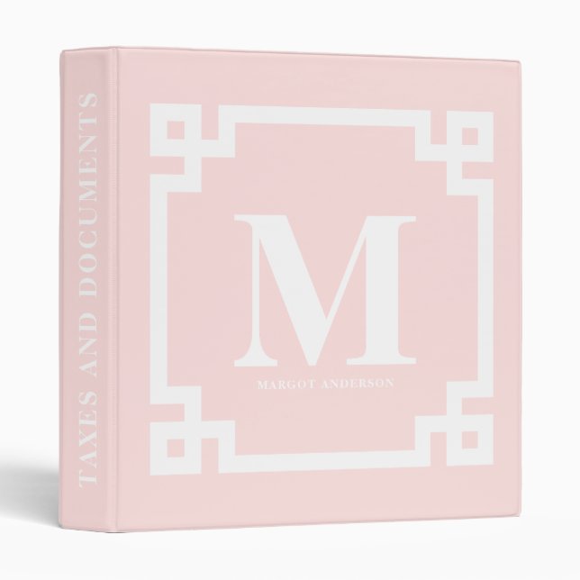 Blush Pink Modern Greek Key Border Monogram Binder (Front/Spine)
