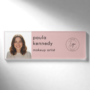 Blush Pink Modern Logo Photo Makeup Name Tag