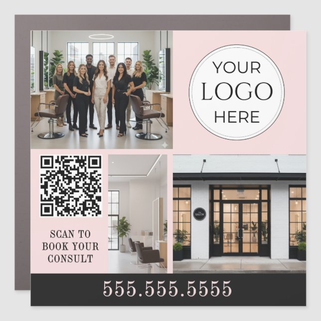 Blush Pink Modern Logo QR Code Photo Makeup Car Magnet (Front)