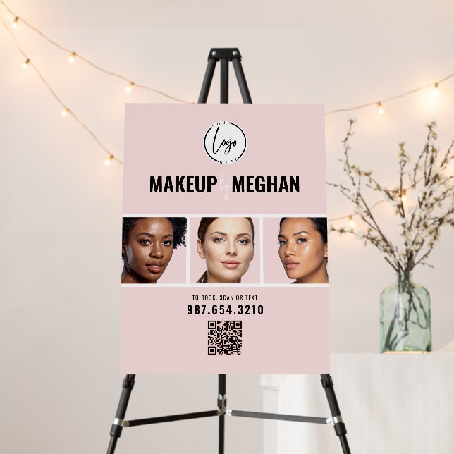 Blush Pink Modern Logo QR Code Photo Makeup Foam Board (In Situ (Stand))