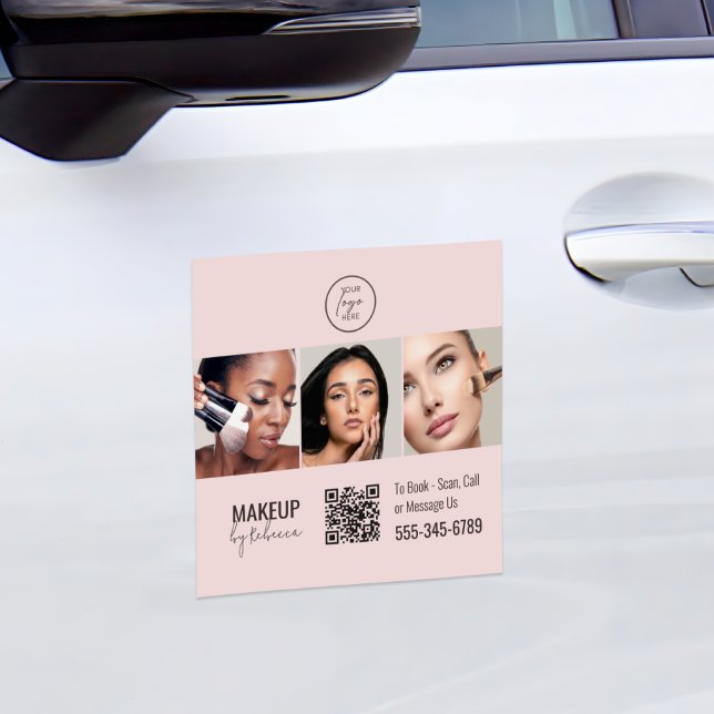 Blush Pink Modern Makeup 3 Photo QR Code Logo Car Magnet (Blush pink makeup studio promo sign with script typography, 3 photos, QR code & space for your logo)