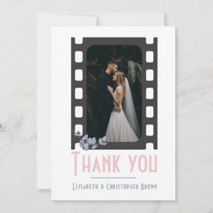 Blush pink modern movie add photo floral wedding thank you card