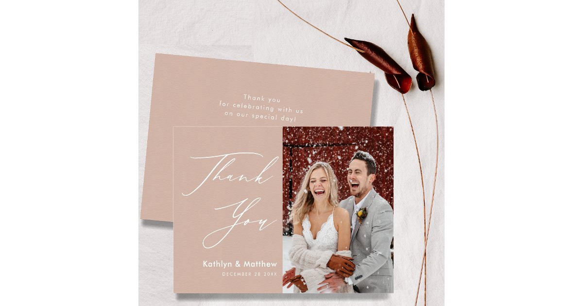 Blush Pink Modern Photo Elegant Script Wedding Thank You Card | Zazzle