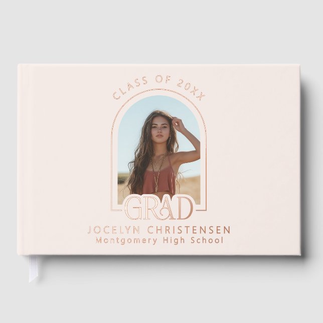 Blush Pink Modern Photo Graduation Rose Gold  Foil Guest Book (Front)