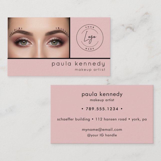 Blush Pink Modern Photo Makeup Business Card (Front/Back)