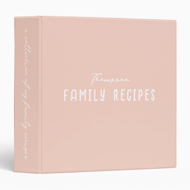 Blush Pink Modern Script Cooking Family Recipe 3 Ring Binder (Front/Spine)