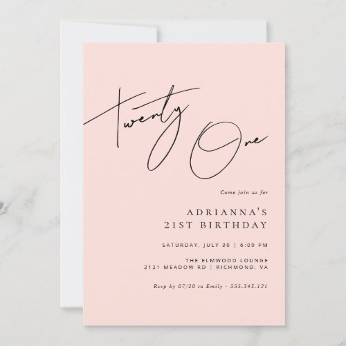 Blush Pink  Modern Script Girly 21st Birthday  Invitation