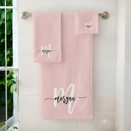 Blush Pink Modern Script Girly Monogram Name Bath Towel Set
