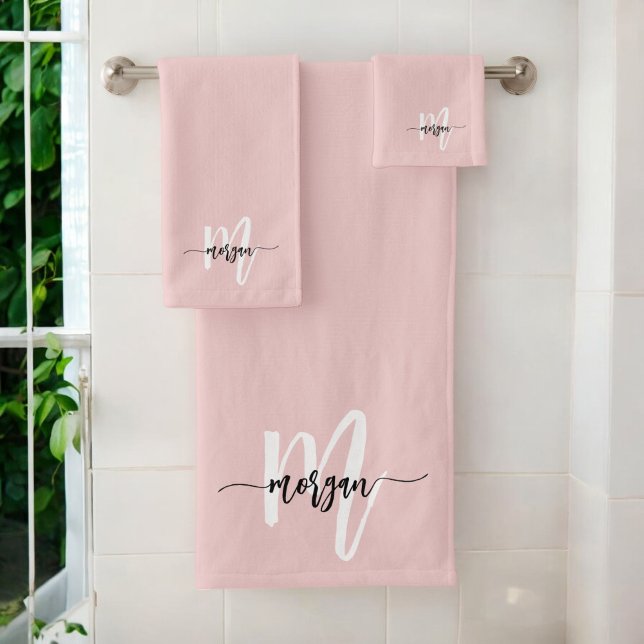 Blush Pink Modern Script Girly Monogram Name Bath Towel Set (Creator Uploaded)