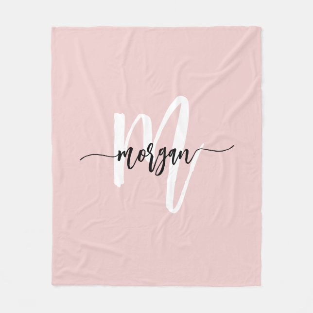 Blush Pink Modern Script Girly Monogram Name Fleece Blanket (Front)