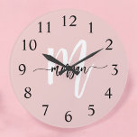 Blush Pink Modern Script Girly Monogram Name  Large Clock<br><div class="desc">Keep track of time in style with the Blush Pink Modern Script Girly Monogram Name Large Clock. This elegant timepiece features a soft blush pink background and a personalized monogram in a modern script font, making it a chic addition to any room. The large, easy-to-read numbers and sleek hands ensure...</div>