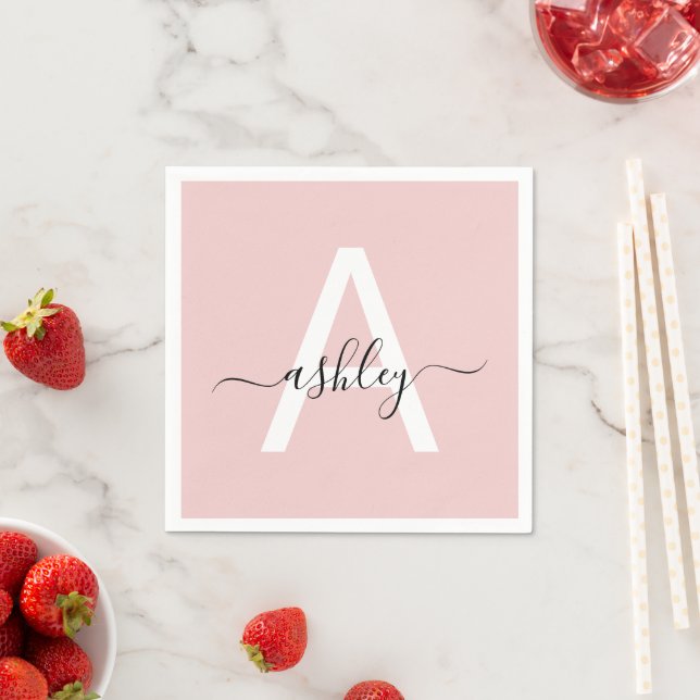 Blush Pink Modern Script Girly Monogram Name Napkins (Insitu)