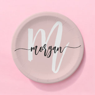 Blush Pink Modern Script Girly Monogram Name Paper Plates