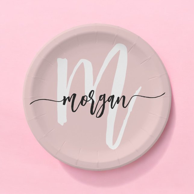Blush Pink Modern Script Girly Monogram Name Paper Plates (Creator Uploaded)