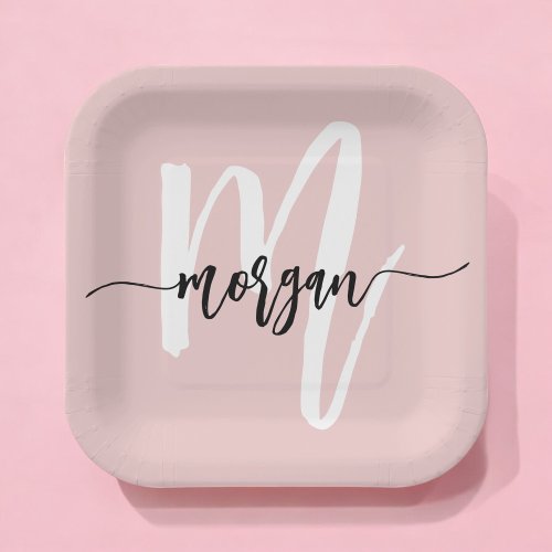 Blush Pink Modern Script Girly Monogram Name Paper Plates