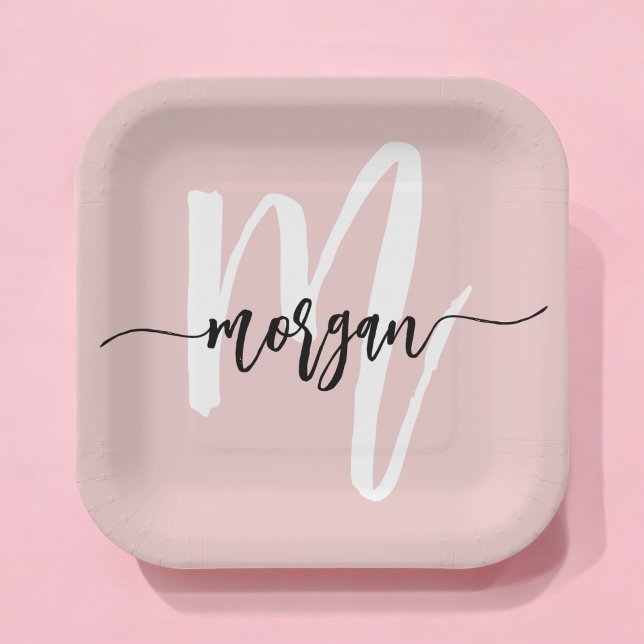 Blush Pink Modern Script Girly Monogram Name Paper Plates (Creator Uploaded)