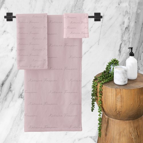 Blush Pink Modern Script Monogram Pattern Bath Towel Set