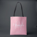 Blush Pink Modern Script Personalized Bridesmaids Tote Bag<br><div class="desc">Add a personal touch to your wedding with personalized bridesmaids gift tote bag. This tote bag features personalized bridesmaid's name in white modern script font style and monogram in light pink modern script font style as background with title and wedding date in white modern sans serif font style on blush...</div>